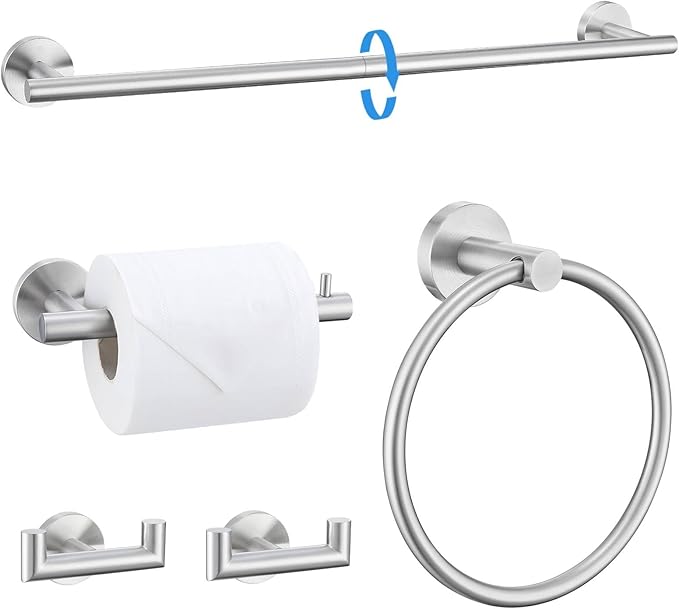 TNOMS Brushed Nickel 5 Pieces Towel Bar Set Bathroom Hardware Set Upgraded Towel Hooks,Towel Holder Set for Bathroom Stainless Steel Wall Mounted 23.6 Inch