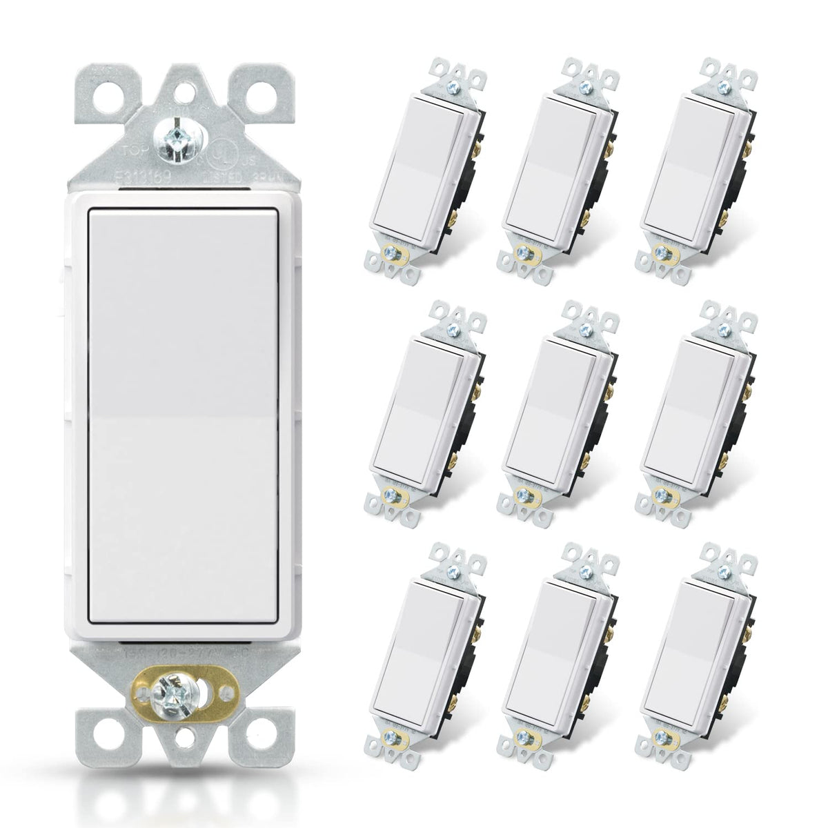 ELEGRP Matte White Single Pole Decorator Light Switch, 15Amp, 120-277V, Decorative Paddle Rocker Switch Replacement, On/Off Wall Switch, Self-Grounding, Residential/Commercial Grade, UL/CUL (10 Pack)