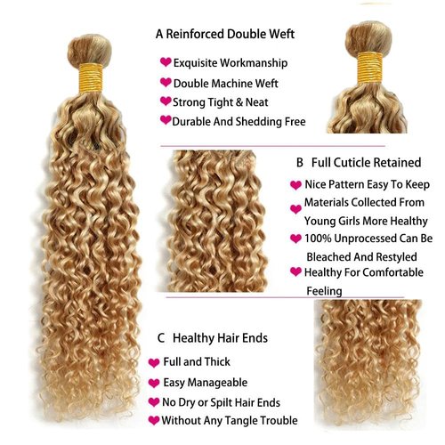 Giginger P27/613 Blonde Jerry Curly Human Hair Bundles 16 18 20 Inch Highlight Honey Blonde Jerry Curly Bundles 100% Unprocessed Raw Quick Weave Hair for Black Women