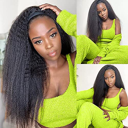 Headband Wigs Human Hair 180% Density 12A Kinky Straight Human Hair Headband Wigs For Black Women Yaki Straight Human Hair Wigs With Headband Attached Natural Black Color 18 Inch