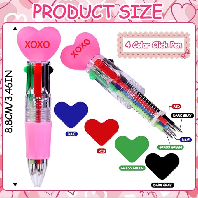 24pcs Valentine's Day Hearts Pens Cute Cartoon Multicolor Pen Fun 4-in-1 Pens Bulk Be Mine Love XOXO Valentines Stationery Party Favors School Supplies Students Rewards