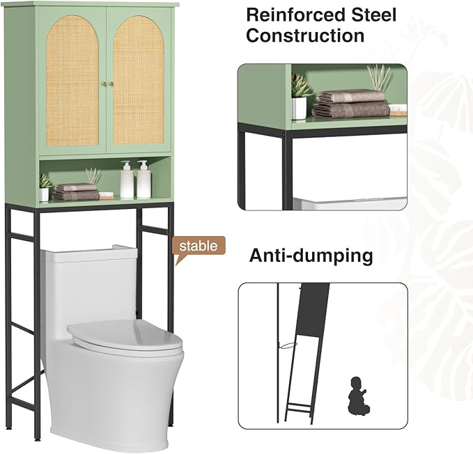 Rattan Over The Toilet Storage Cabinet, Bathroom Organizers and Storage Over Toilet with Rattan Door and Metal Stand, Tall Storage Shelves Above Toilet, Wood Rack for Restroom, Laundry, Foam Green