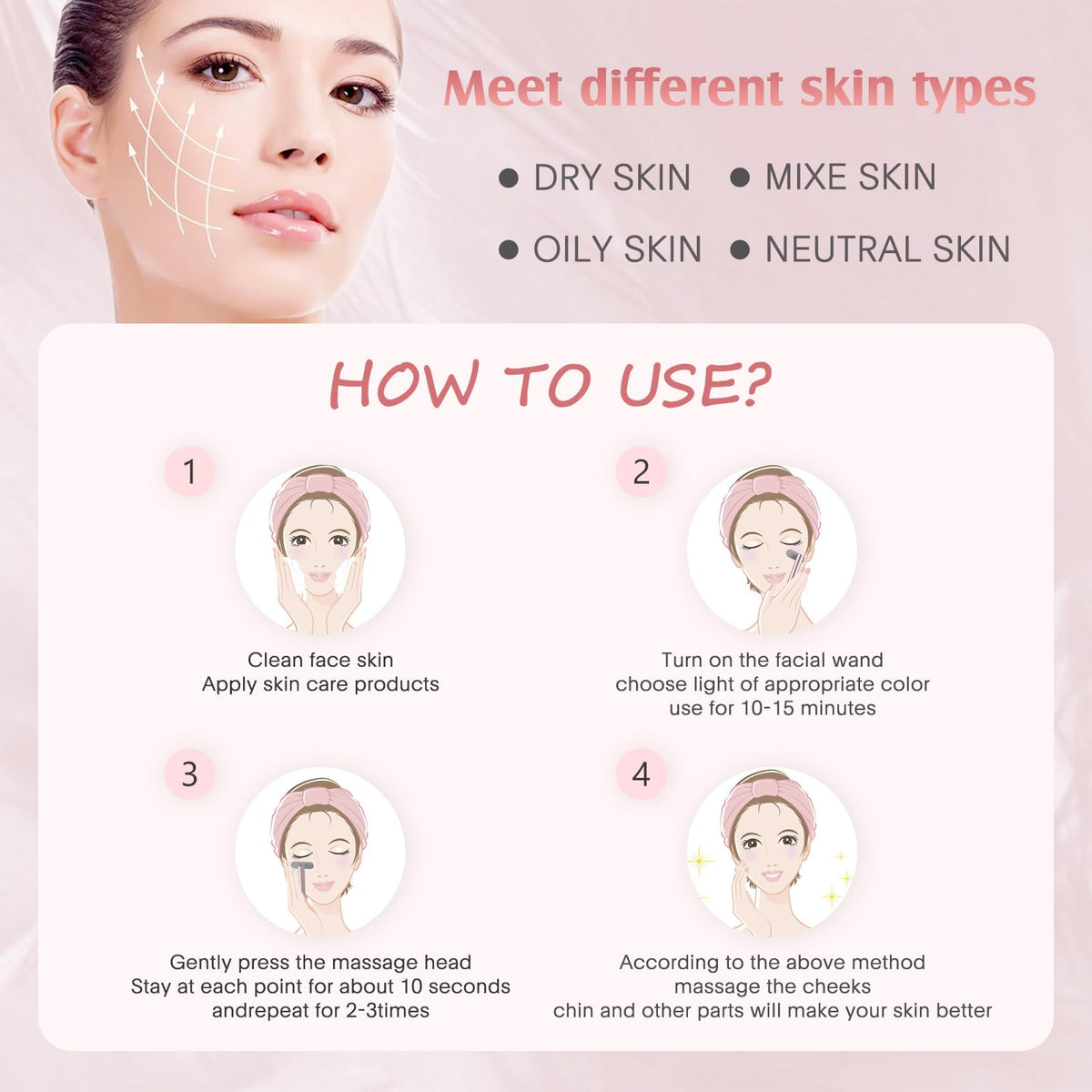 Red-Light-Therapy-Wand, 7 Colors LED Facial Light Therapy Wand for Face and Neck Rejuvenation, Face Massager Eye Beauty Tool at Home