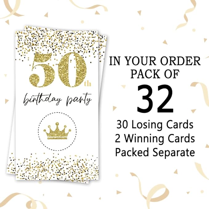 REWIDPARTY White Gold 50th Birthday Party Scratch Off Game Cards（32 PCS）Happy 50th Birthday Party Scratch Cards Cheers to 50 Years Party Supplies Activity for Birthday Raffle Tickets Kids Adults