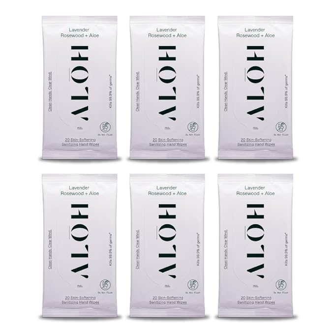 ALŌH Lavender Rosewood + Aloe Sanitizing Hand Wipes - Clean Hands, Clear Mind - On The Go Hand Sanitizer Wipes for Kids and Adults - Travel Size 6 Pack, 20ct (120 wipe)