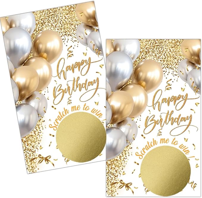 Haizct 50 Pack White Gold Birthday Party Scratch Off, Gold White Glitter Balloons Scratch Card for Birthday Partys Lottery Group Game Party Raffle Tickets, Bridal Shower Bachelor Game