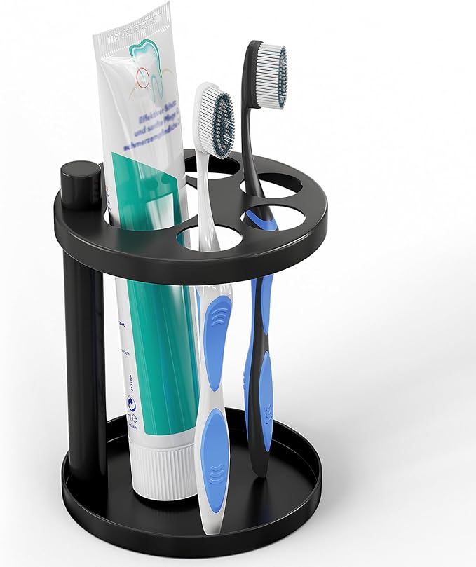 Toothbrush Holder Stand for Bathroom, Metal Stainless Steel Ventilated Organizer with Slots for Toothpaste, Electric Toothpaste,Bathroom Countertop Organizer,Footprint Base Design Black