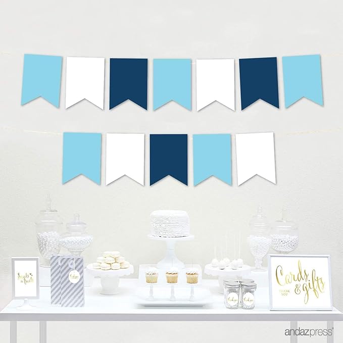 Andaz Press Hanging Pennant Banner with String, Baby Blue, White, Navy Blue, 1-Set, 24 Pennants, Approx. 12-Feet Long, Holiday Theme Colored Supplies