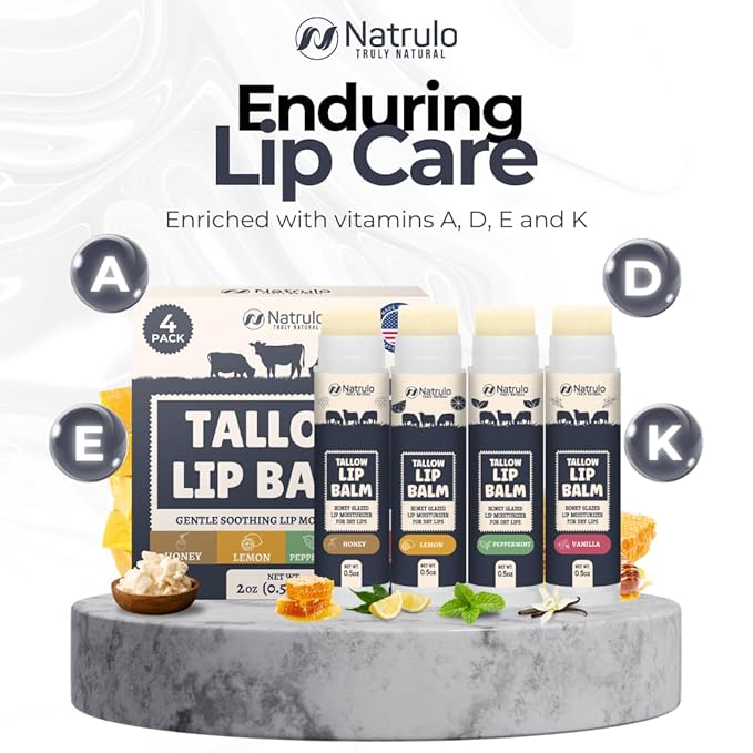 Beef Tallow Lip Balm – Natural Tallow Beeswax Chapstick – Hydrating Grass Fed Beef Tallow Honey Balm Lip Care – Soothes Chapped Dry Sensitive Lips – Long Lasting Vitamin Rich USA-Made Variety Pack