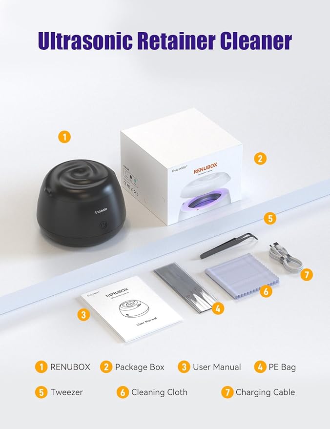 Ultrasonic Retainer Cleaner, EVA BELLE Denture Retainer Cleaner Machine, Tooth Cleaner for Oral Dental Care, Portable Rechargeable Dental Cleaning Pod for Night Guards, Braces, Aligner, Jewelry