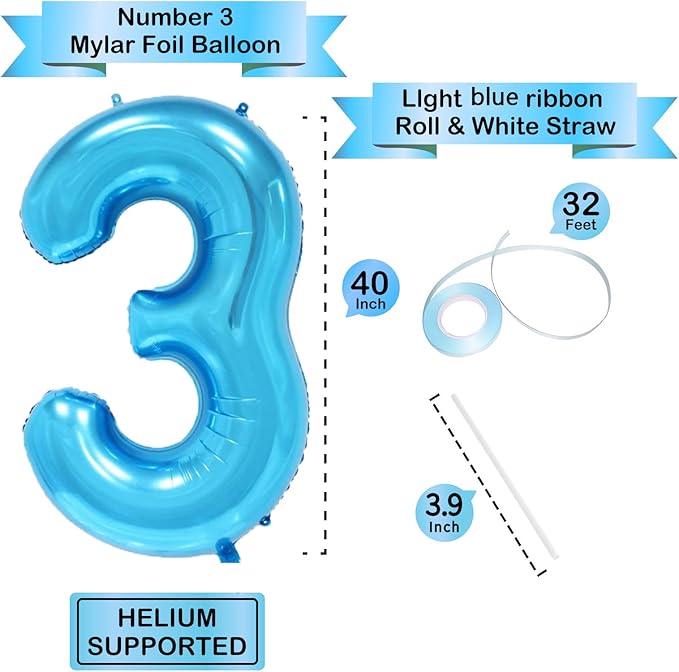 Blue 3 Number Balloon, 40 Inch, Premium Mylar, Reusable, for Birthday Party Decoration