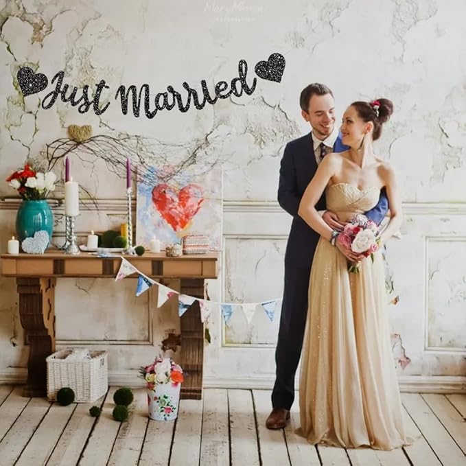 BEISHIDA Black Just Married Banner - NO DIY, Glitter Wedding Party Banner,Just Married Signs, Bachelorette/Bridal Garland,Engagement Party Decor Supplies, Wedding Reception Party Decorations.