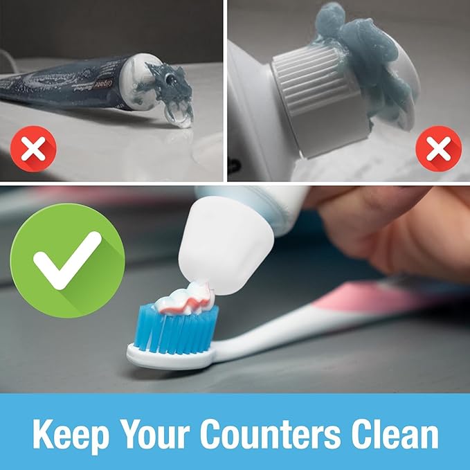 Self Closing Toothpaste Caps 6-Pack by Tilcare - No Waste Cap Dispensers for Adult and Kids Bathroom - Mess-Free Toothpaste Lids - Easy to Use, Food Grade Silicone and BPA-Free Toppers - All White