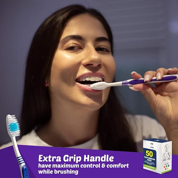 EcoFox Bulk Toothbrushes 50 Pack | Individually Wrapped Travel Toothbrush Set for Adults & Kids | Made with a Medium-Soft Large Brush Head | BPA-Free & Disposable!