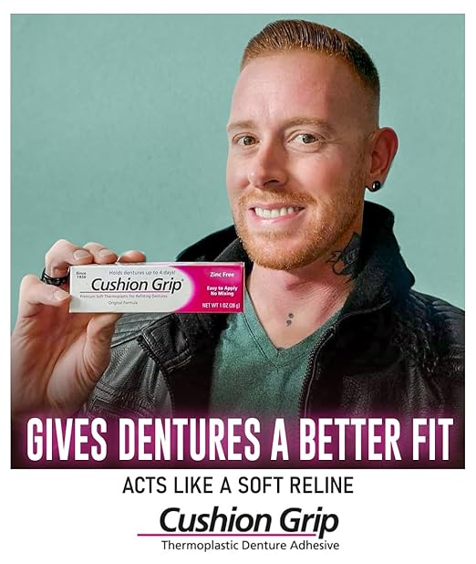 Cushion Grip Thermoplastic Denture Adhesive 1oz (12 Pack)–Extra Strong Hold Up to 4 Days, Unmatched Strength, Waterproof & Zinc Free, Relieves Sore Gums, Comfortable Refit, Long Lasting Denture Refit