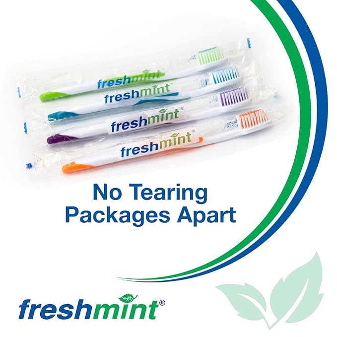 FRESHMINT Individually Wrapped Bulk Premium Toothbrushes (100 Pack), Oversized Easy Grip Rubber Handle, Soft Multi Color Nylon Bristles Perfect for Travel, Hotel, Donation
