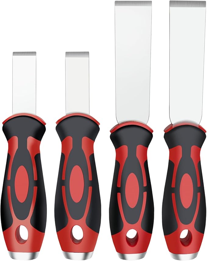 ROTATION Extra Thick Scraper Set, 4 piece, Soft Grip, Heavy Duty, Scraper with Hammer End, Stainless Steel Putty Knife
