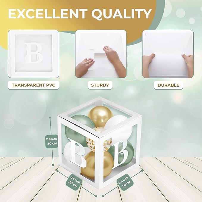 Baby Shower Boxes with Letters – White Boxes with Sage-Green, Gold, Gold Confetti, and White Balloons – 44-Piece Gender Reveal & Party Decoration Set by Vellax