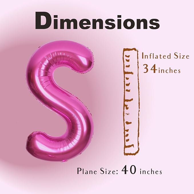SUWEN 40 Inch Hot Pink Large S Letter Balloons Big Foil Helium Letter Balloons A-Z Jumbo Mylar Happy Birthday Party Decorations for Woman Anniversary Party Supplies