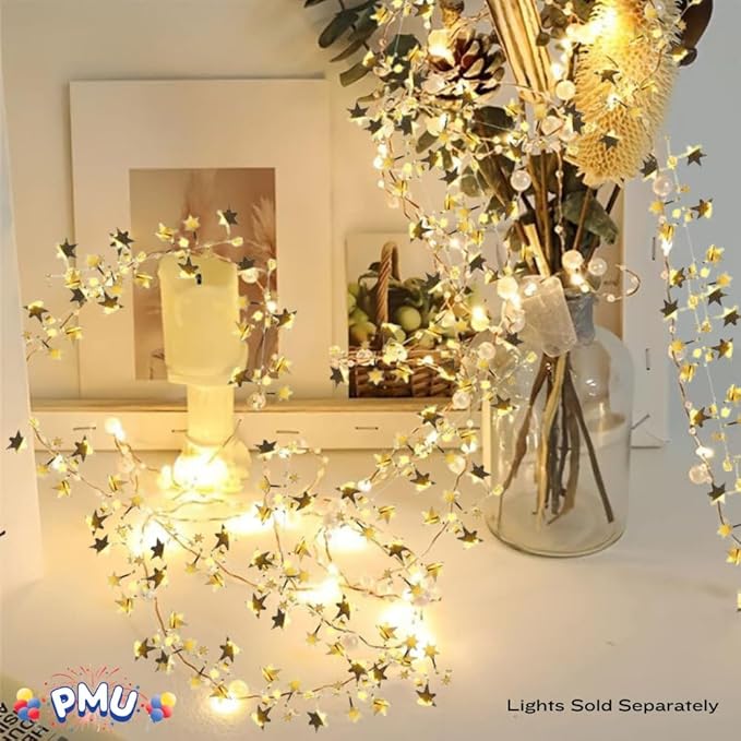 PMU 300 Ft Star Wire Shiny Garland Gold - Halloween, Christmas Party, Wedding, Birthday, Festive Home Decoration Ornament Gold (12pc-25Ft Each)
