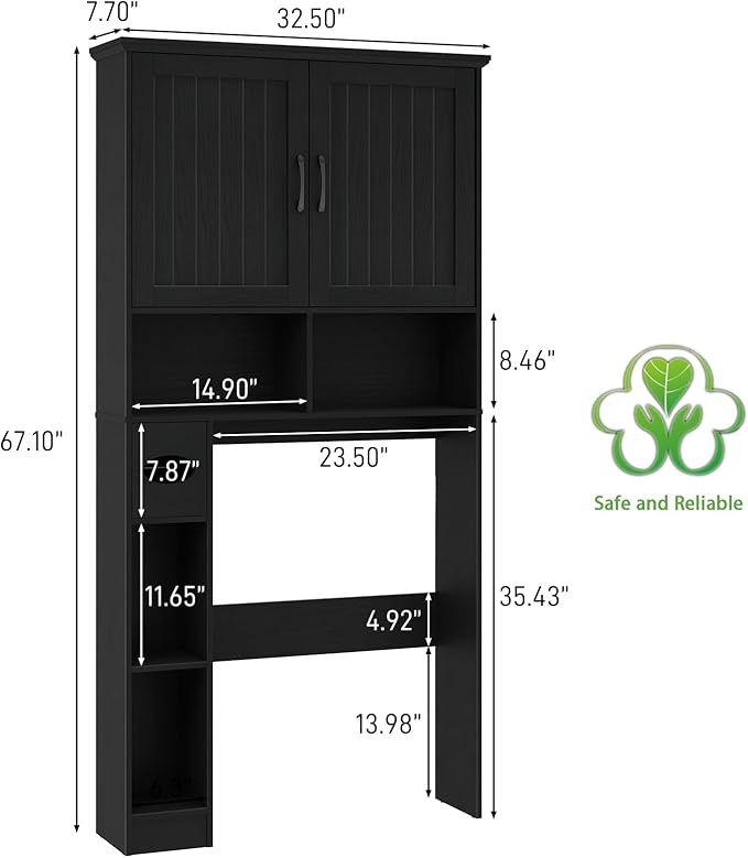 Over The Toilet Storage Cabinet, Farmhouse Storage Cabinet Over Toilet with Barn Door& Toilet Paper Holder Stand，Home Space-Saving Toilet Rack, for Bathroom, Restroom, Laundry.Pure Black