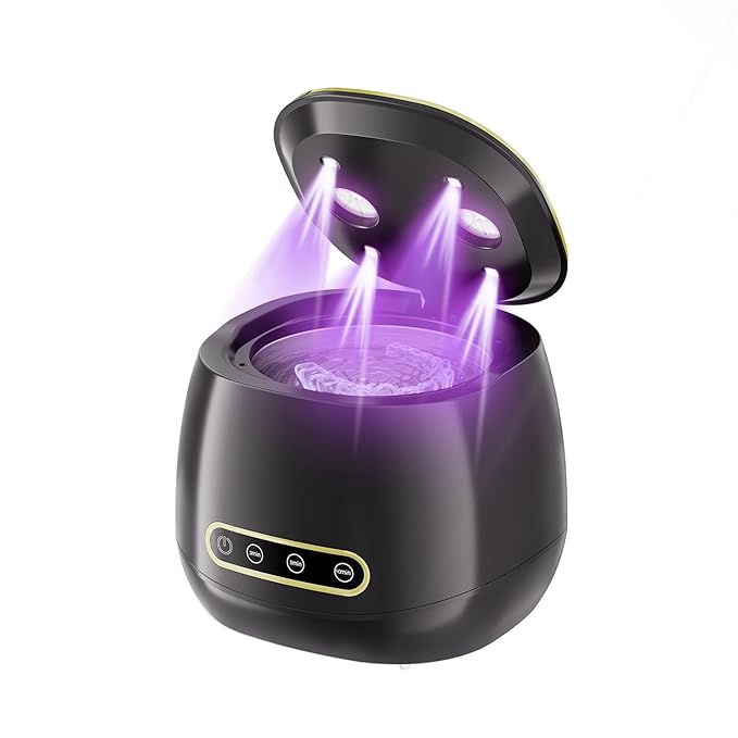 Ultrasonic Retainer Cleaner 48kHz Ultrasonic Cleaner Dental Ultrasonic Retainer Cleaner Machine Dental Cleaning Pod for Denture with Digital Timer, Dual Cleaning Mode for All Dental Appliances (Black)