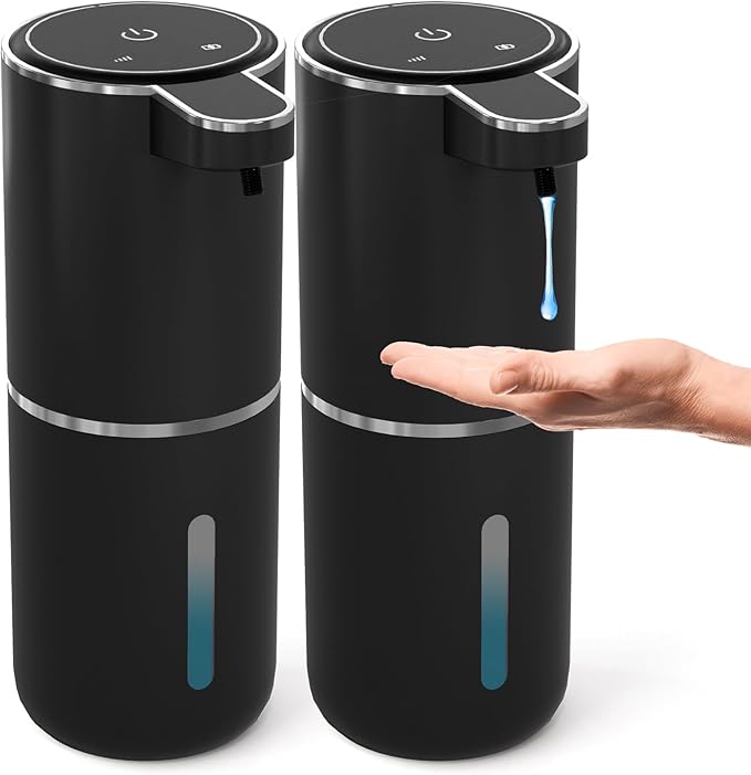 2 Pack Automatic Soap Dispenser Touchless,Liquid Hand Soap Dispenser 12.8oz USB 4levels Adjustable Dispenser Electric Wall Mounted Smart for Bathroom and Kitchen Dish Soap，Easy for Toddlers(Black)