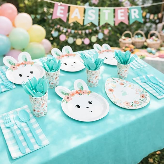 KEPATO Easter Bunny Party Supplies for 16 Guests, 113 Pcs Disposable Tableware Set with Plates, Napkins, Cups, Forks and Spoons for Easter Bunny Birthday Party Decorations