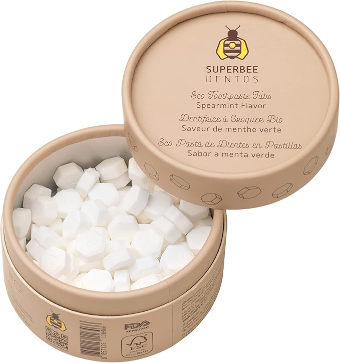 SuperBee Dentos Toothpaste Tablets, 100 Tabs, Fluoride Free & Eco Friendly, Travel Mouthwash Tablets, Sensitive Bites Kids Adults, Chewable Tablet, Spearmint