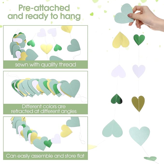 10 Pack 130ft Sage-Green Mint Beige-Gold Heart Party Garland Asymmetrical Love Hanging Banners for Wedding Birthday Bachelorette Bridal Shower Engagement Decoration