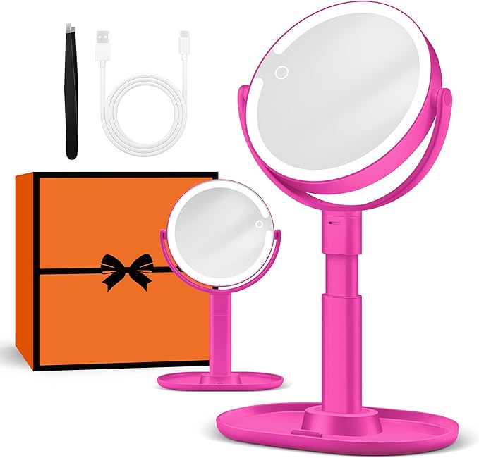 B Beauty Planet Makeup Mirror with Lights, Lighted Magnifying Mirror 30X with 3 Lighting and Adjustable Brightness, 2-Sided Height Adjustable Vanity Mirror for Bathroom, Gifts for Women Hot Pink