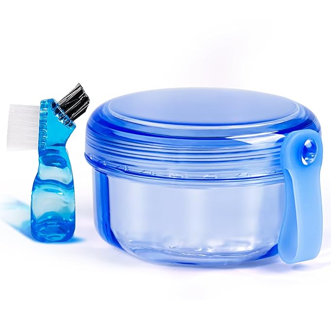 Leak Proof Portable Denture Bath Case Denture Cleaning Cup, False Teeth Holder Mouthguard Night Guard Container Box Retainer Soaking Case for Travel, Household, Office - Transparent Blue