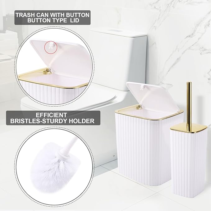 Bathroom Accessories Set - Gorgeous Bathroom Set, 28PC White Bathroom Accessory Set, Shower Curtain with 5PC Adhesive Corner Shower Caddy Hanging, Toilet Brush, Trash Can & Soap Dispenser