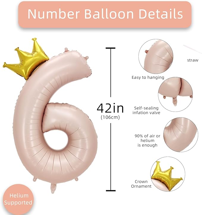 AULE 40 Inch Big Pink 6 Balloon Number with Crown Large Foil Helium Number Balloons 0-9 Jumbo Giant Happy 6th Birthday Party Decorations Huge Mylar Anniversary Party Supplies