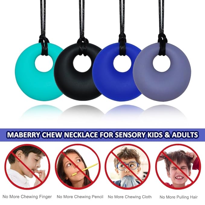 Chew Necklaces for Sensory Kids, Silicone Chewy Necklace Sensory 4 Pack for Boys Girls with Autism ADHD Anxiety Reduce Fidgeting, Oral Chew Toys for Kids and Adults Chewing, BPA Free