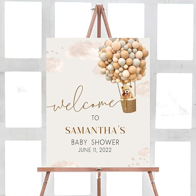 Personalized Teddy Bear Baby Shower Welcome Sign, Welcome to Baby Shower Sign, Gender Neutral Hot Air Balloon Bear Baby Shower Sign Decor
