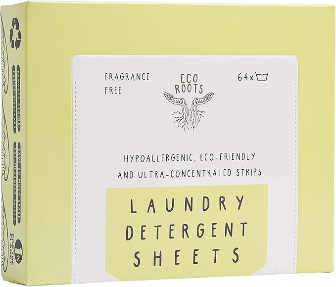 ECO ROOTS Laundry Detergent Sheets 64 loads | ECO FRIENDLY Unscented Sheets, Liquidless Travel Size Laundry Strips Detergent, Zero Waste Plastic Free Sustainable Washer Products