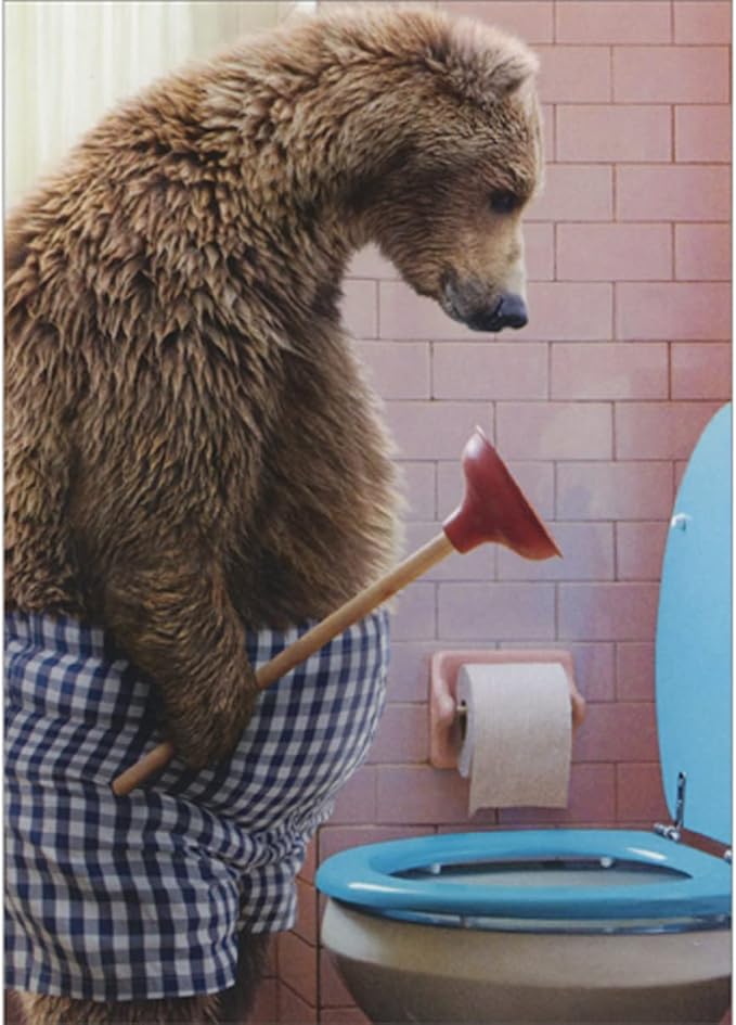 Avanti Press Bear Holding Toilet Plunger Over Blue Toilet Gross Funny/Humorous Birthday Card