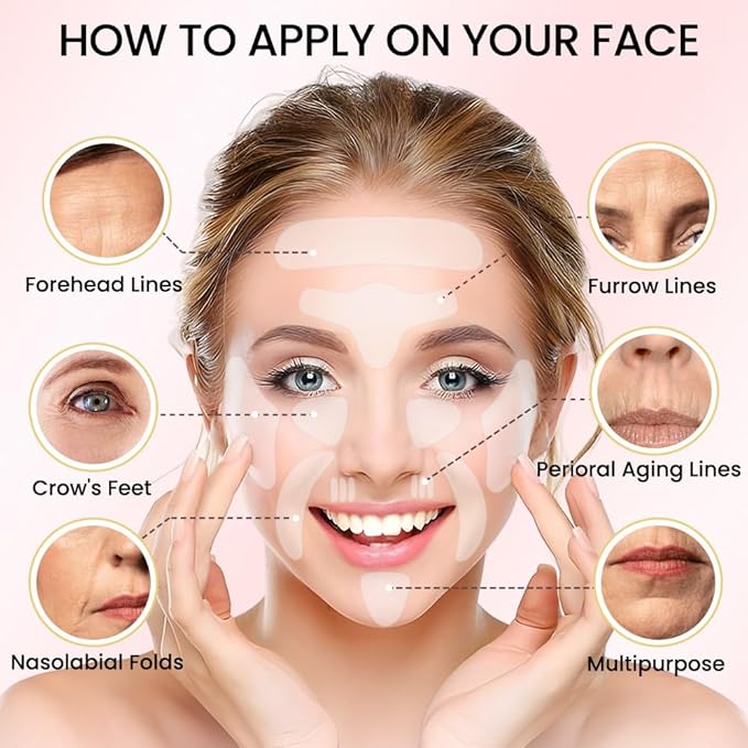 Kaely Wrinkle Patches for Face Overnight, Silicone Scar Tape for Wrinkles Forehead, Smile Line, Face Tape for Wrinkles Overnight Sleeping Lifting Sagging Skin, 128 Pcs (8 Sheets of 16 Patches)