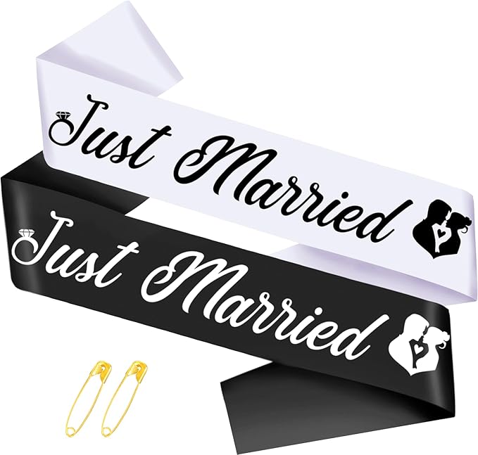 "Just Married - 2 Pcs Bride to Be Sash and Groom to Be Sash Kit, Black White Bachelorette & Bachelor Party Sashes for Wedding Bridal Shower Decorations Engagement Gifts