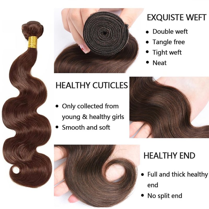 #4 Brown Bundles Human Hair Body Wave Human Hair Bundles 14 14 14 Inch Chocolate Brazilian Hair 3 Bundle Unprocessed Virgin Remy Hair Extensions 50 Gram Per Bundle For Black Women