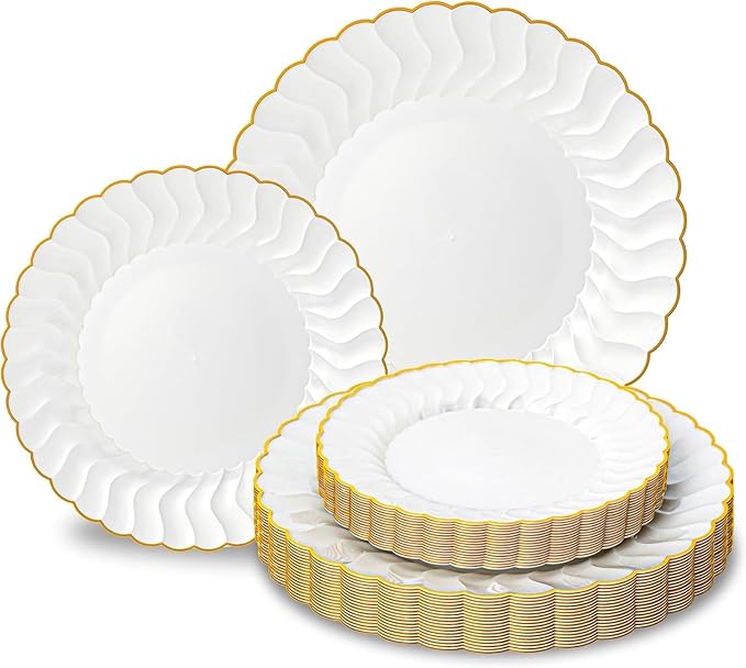 Lullaby 60PCS Pearl White Scalloped Plastic Plates with Gold Rim, Disposable Elegant Plates Include 30pcs Dinner Plate 10.25", 30pcs Dessert Plate 7.5", Perfect for Daily Use, Wedding and Party