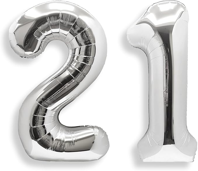 AULE 40 Inch Jumbo Silver Foil Mylar Number Balloons for Men Women 21st Birthday Party Decorations 21 Years Old Anniversary Party Supplies