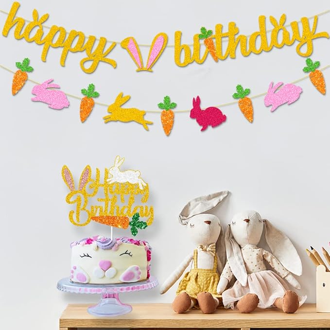 Bunny Birthday Decorations, Easter Happy Birthday Banner, Happy Easter Decorations, Rabbit Theme Happy Birthday Banner for Children Girl 1st 2nd Bday Easter Spring Party Decor