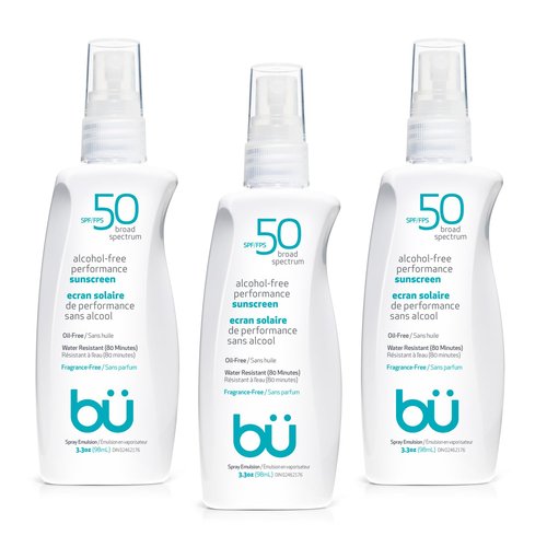 BU SPF 50 Sunscreen Spray for Face and Body, Fragrance Free, Clear Non Aeorsol, Non Greasy and Water Resistant (3-pack)