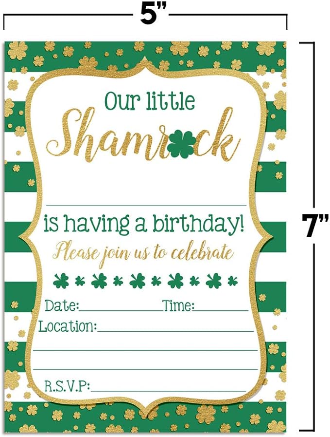 Our Little Shamrock St. Patrick’s Day Birthday Party Invitations, 20 5x7 Fill In Cards with Twenty White Envelopes by AmandaCreation