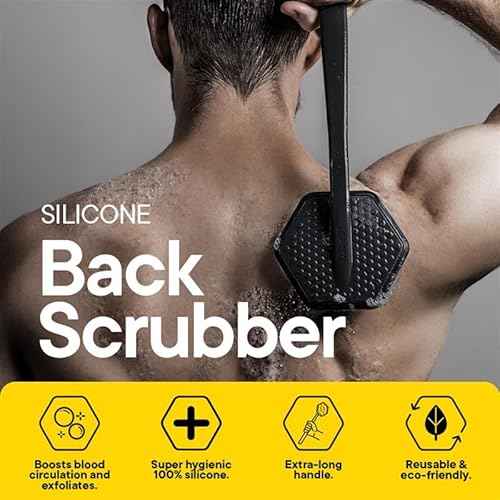 TOOLETRIES Silicone Back Scrubber with Hook - Exfoliating Shower Brush, Back Washer for Men, Durable Back Brush with Long Handle - Long Lasting Bath & Shower Accessories - Charcoal