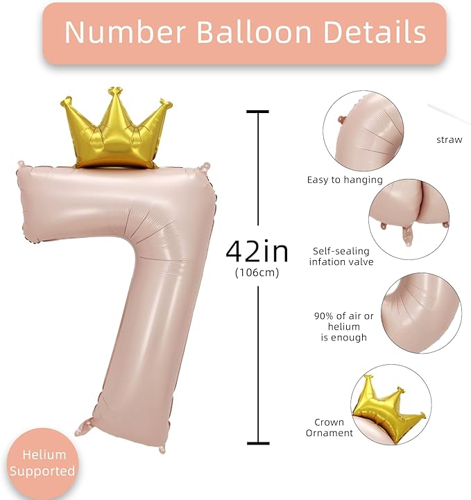 AULE 40 Inch Big Pink 7 Balloon Number with Crown Large Foil Helium Number Balloons 0-9 Jumbo Giant Happy 7th Birthday Party Decorations Huge Mylar Anniversary Party Supplies