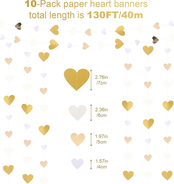 10 Pack 130ft White-Gold Holographic Heart Party Garland Asymmetrical Love Hanging Banners for Birthday, Wedding Engagement Bachelorette Party Baby Bridal Shower Decoration