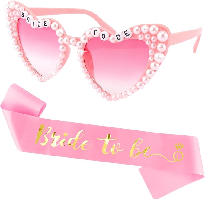 Bride to Be Set: Pearl-Trimmed Heart Sunglasses, Pearl BRIDE Sash & Tulle Veil - Bachelorette Party Bridal Accessories